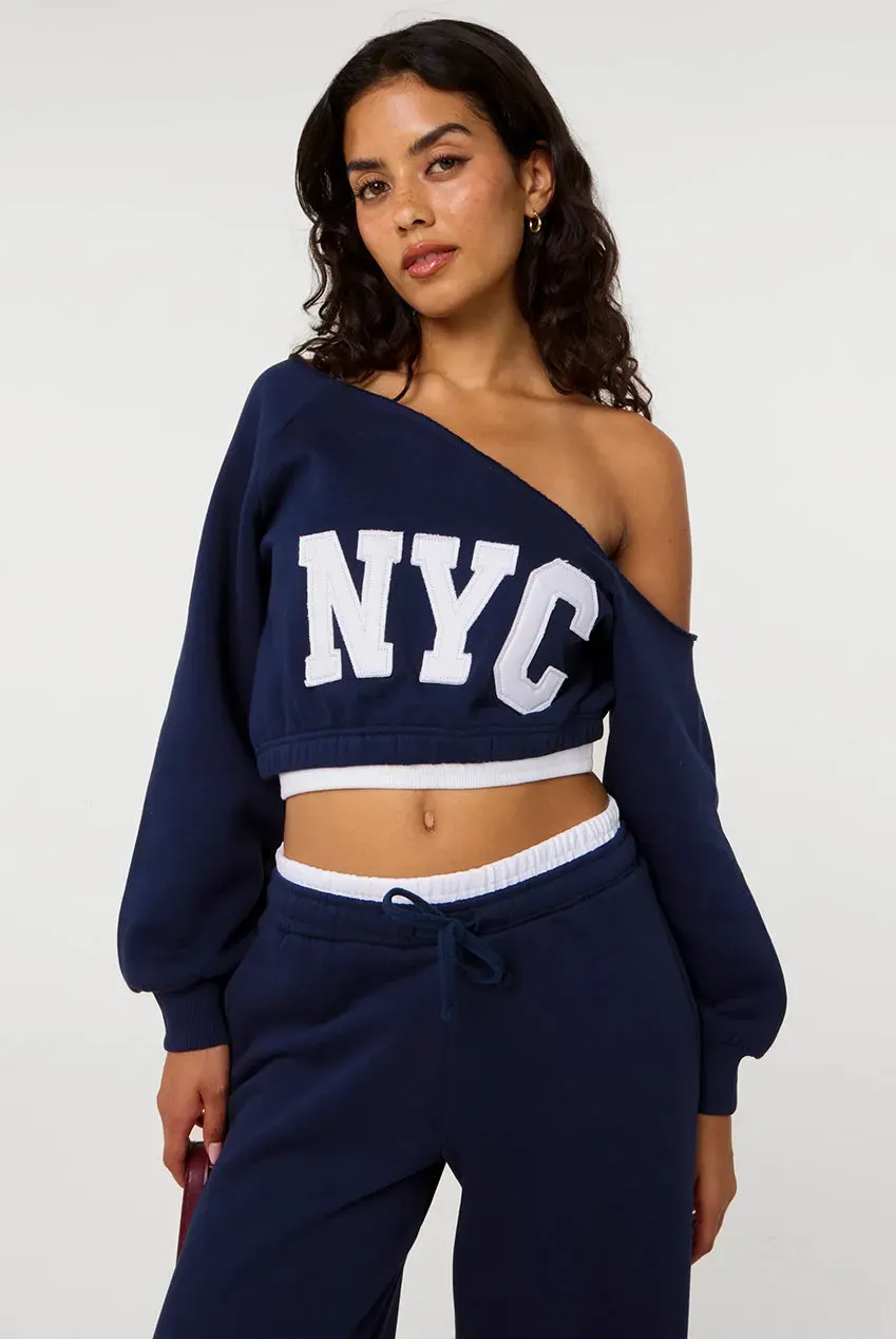 Pink Vanilla Off The Shoulder felpa blu navy cotone