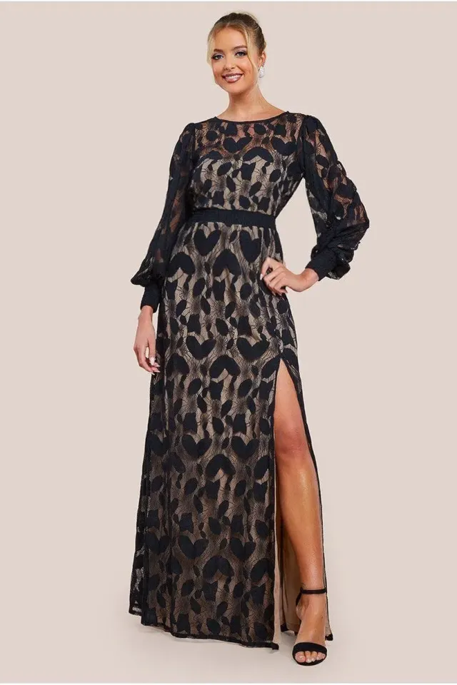 Goddiva Lace Front Split abito maxi nero pizzo maniche lunghe