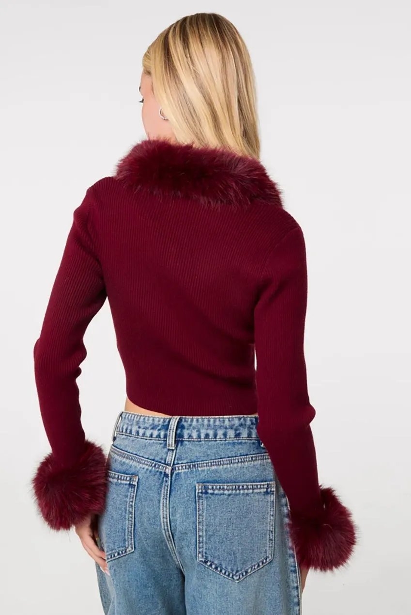 Pink Vanilla Fur Trim Zip cardigan bordeaux con pelliccia