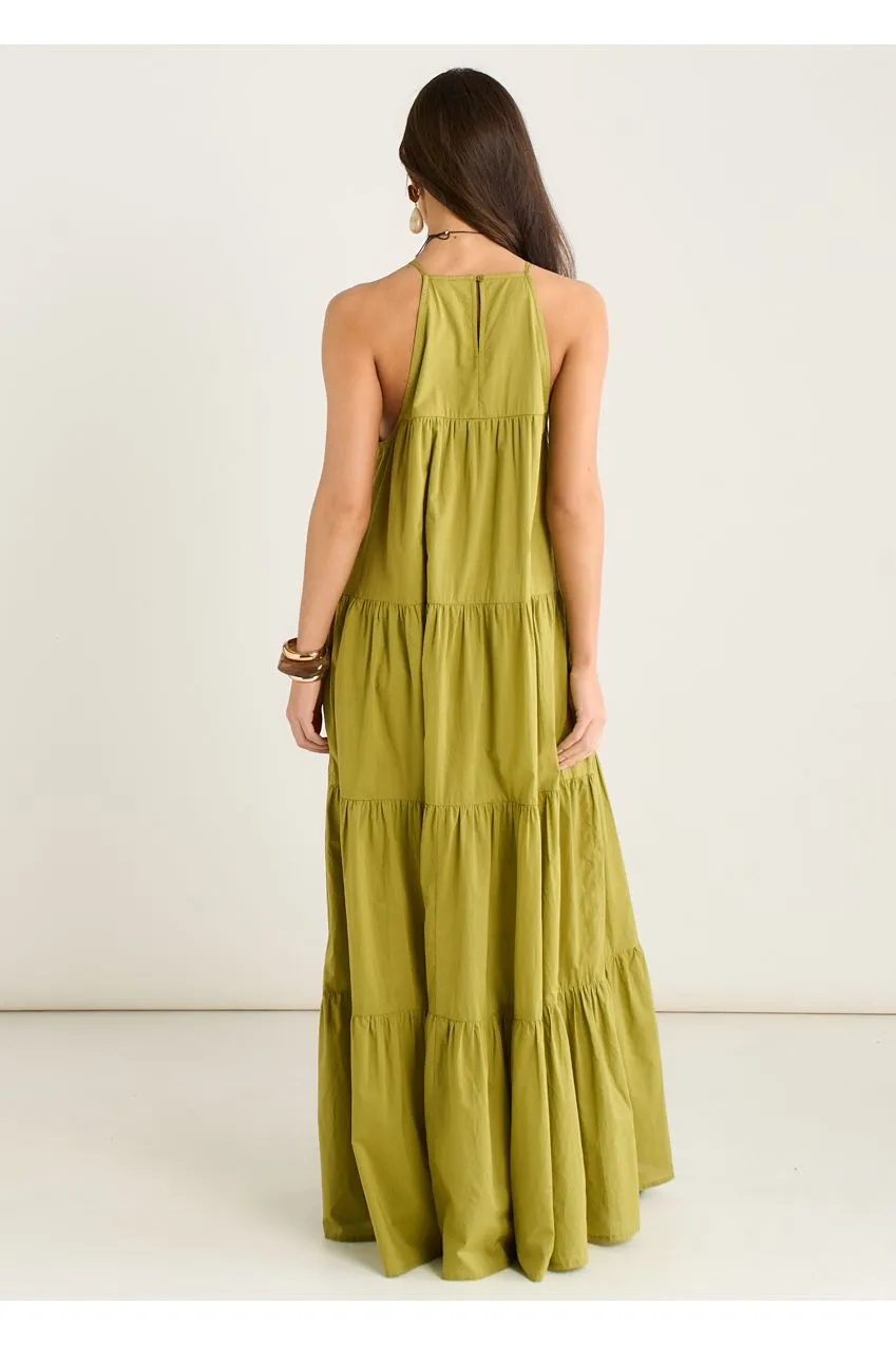 Gini London Tiered Halter abito maxi kaki balze