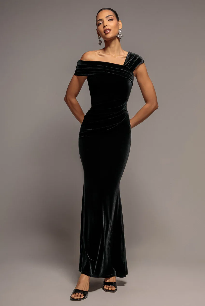 Goddiva One Shoulder abito maxi nero velluto