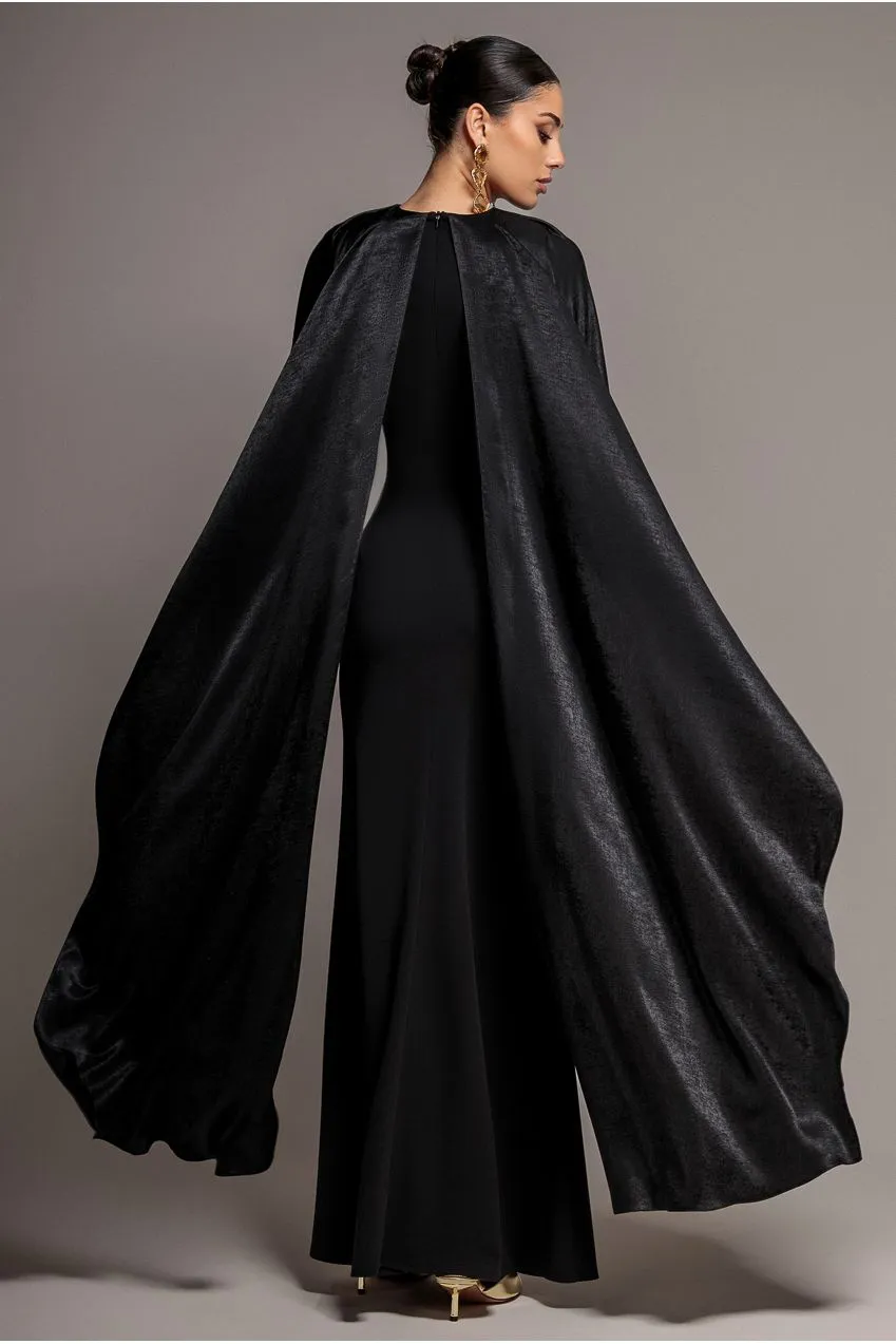 Goddiva Cape Sleeve abito satin nero maxi