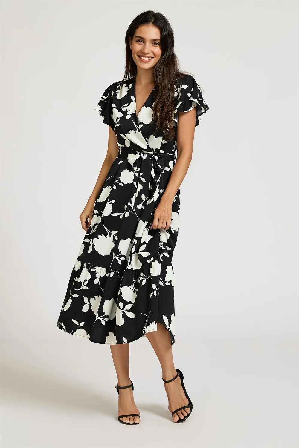 FS Collection Wrap abito midi nero floreale manica corta