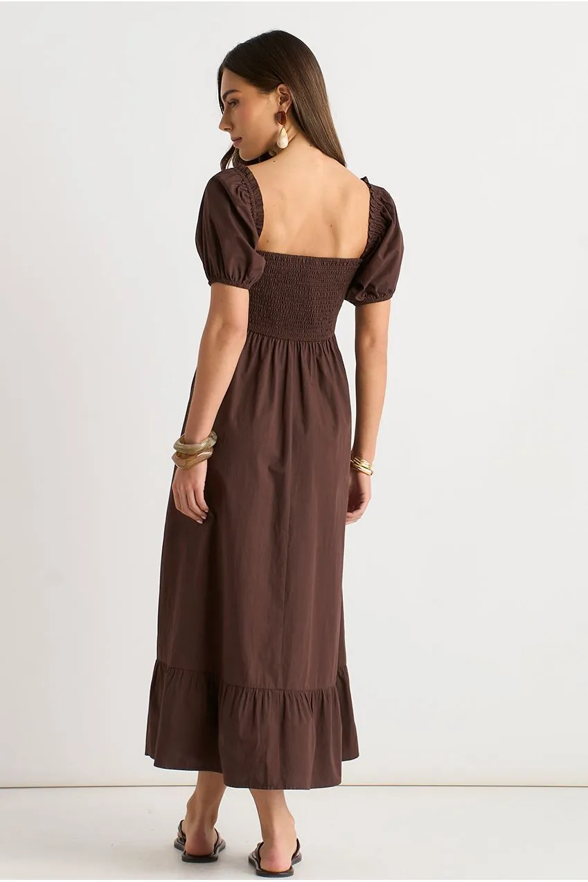 Gini London Brown Gypsy Puff abito midaxi marrone maniche