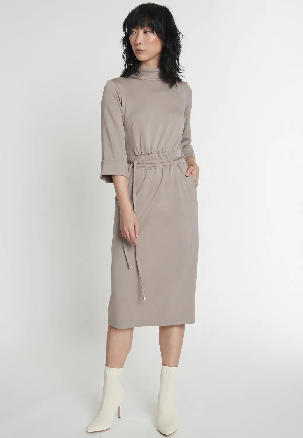 Ana Alcazar Hegly abito midi jersey beige collo alto