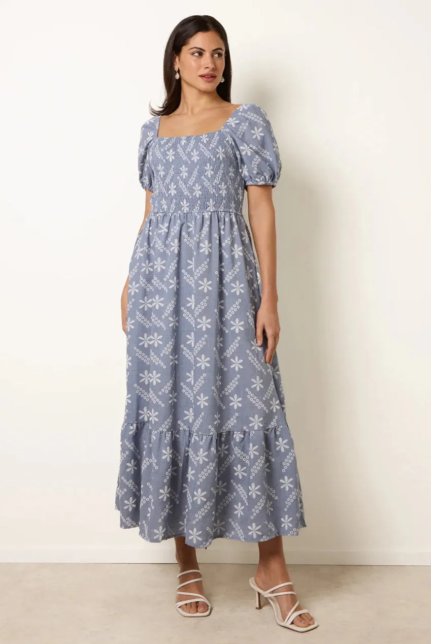 Blue Vanilla abito midi floreale blu scollo quadrato S/M