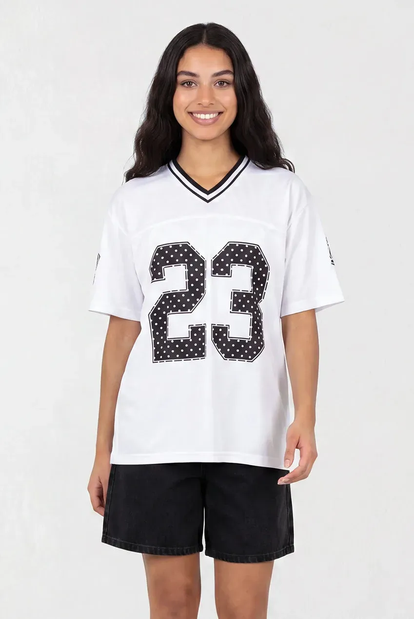 Pink Vanilla Polka Dot Sports Jersey maglietta bianca