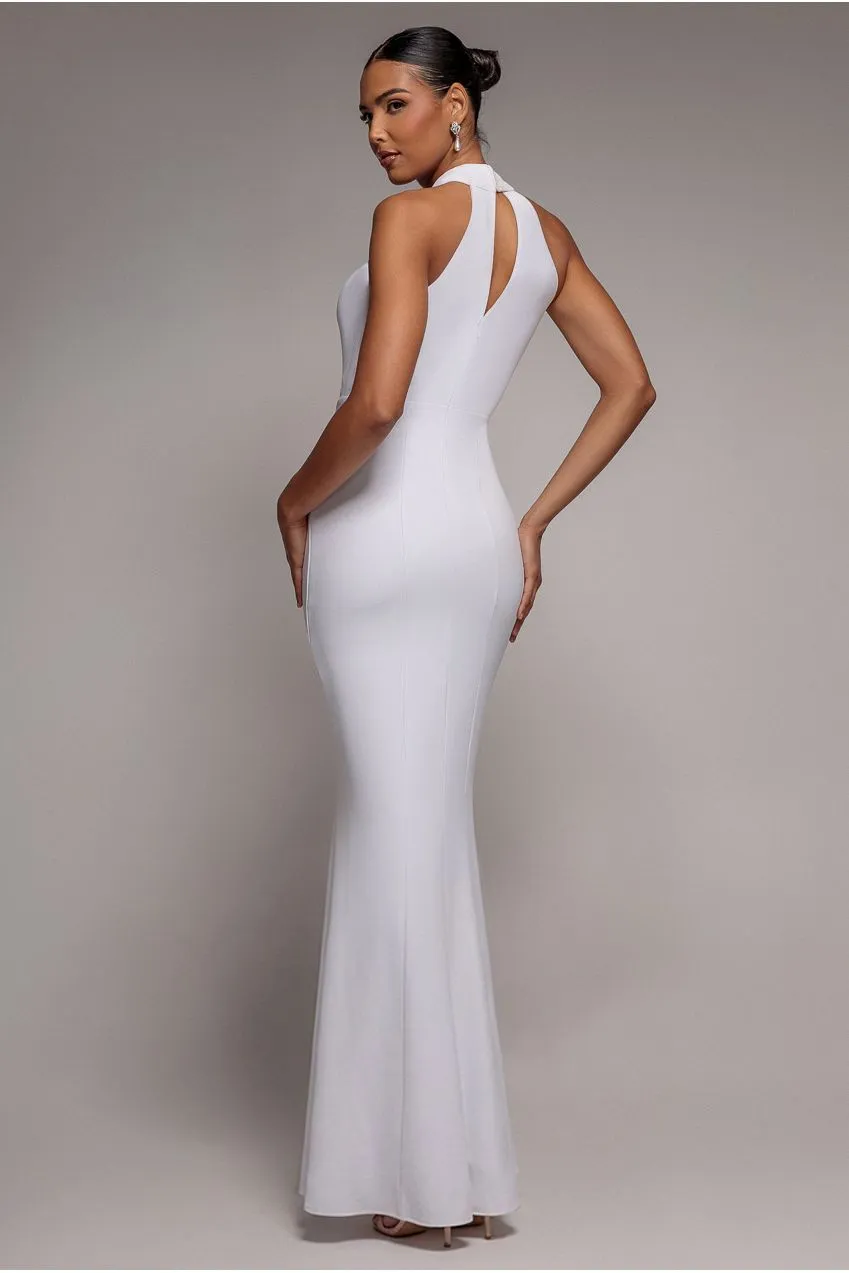 Goddiva abito maxi bianco collo alto schiena aperta