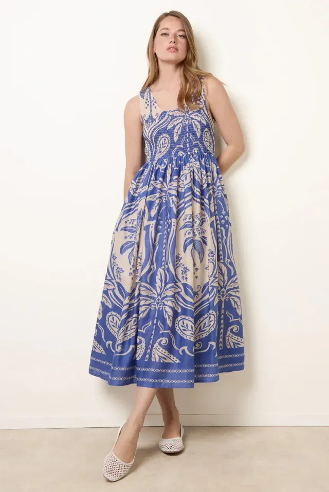 Blue Vanilla Sleeveless Shirred abito midi blu cotone fresco