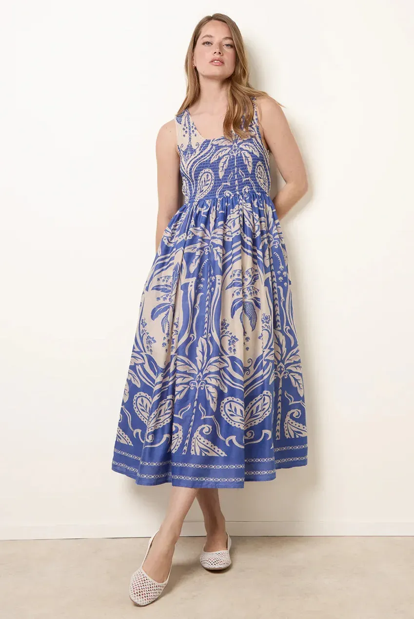 Blue Vanilla Sleeveless Shirred abito midi blu cotone fresco