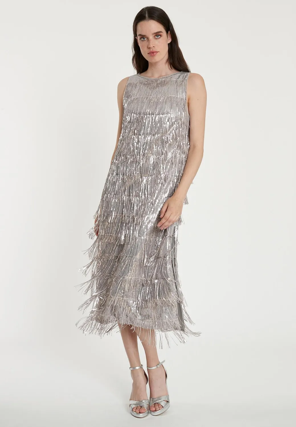 Ana Alcazar Tabyla abito midi paillettes argento frange