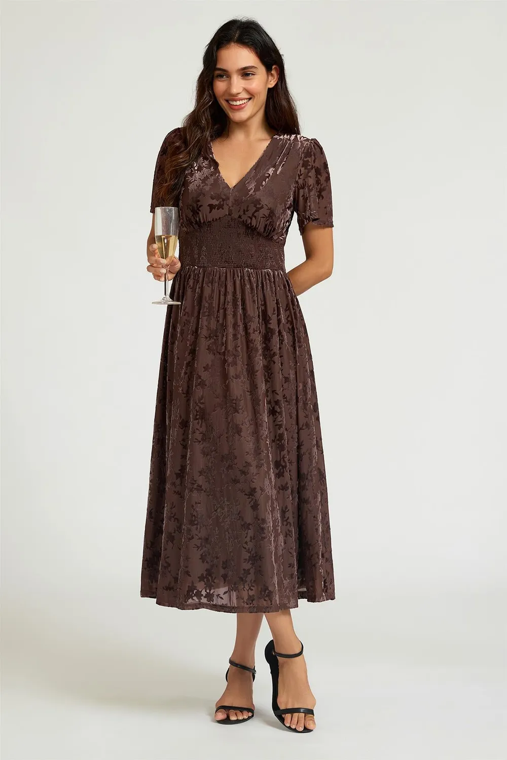 FS Collection Velvet Burnout midi abito marrone scollo V