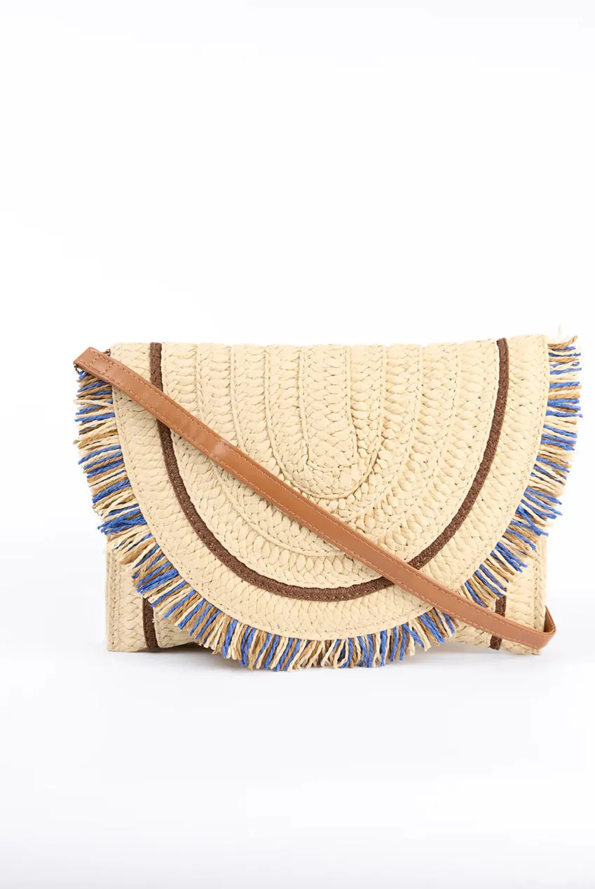 Blue Vanilla clutch paglia stone con frange e tracolla