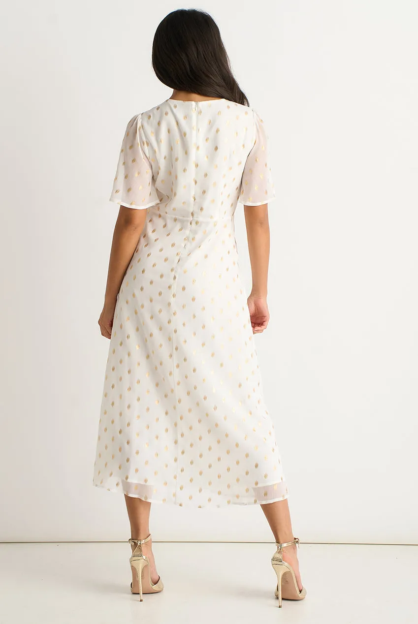 Gini London Foil Scollo V Abito Midi Bianco