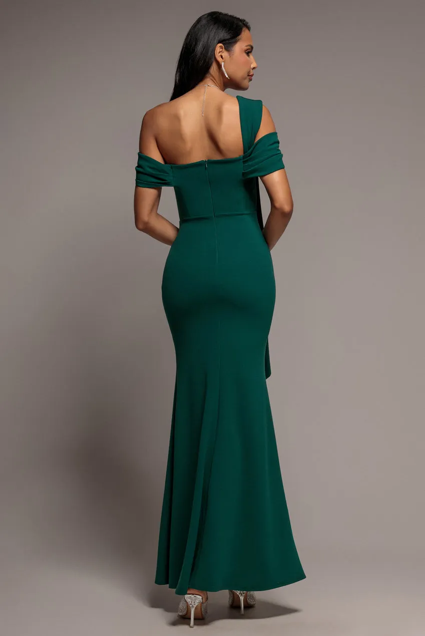 Goddiva Bardot Mermaid abito maxi verde smeraldo monospalla sirena