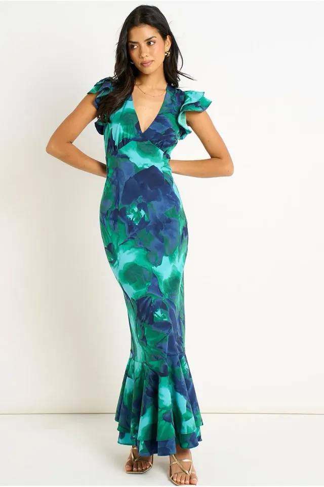 Gini London Watercolour Floral abito maxi verde floreale
