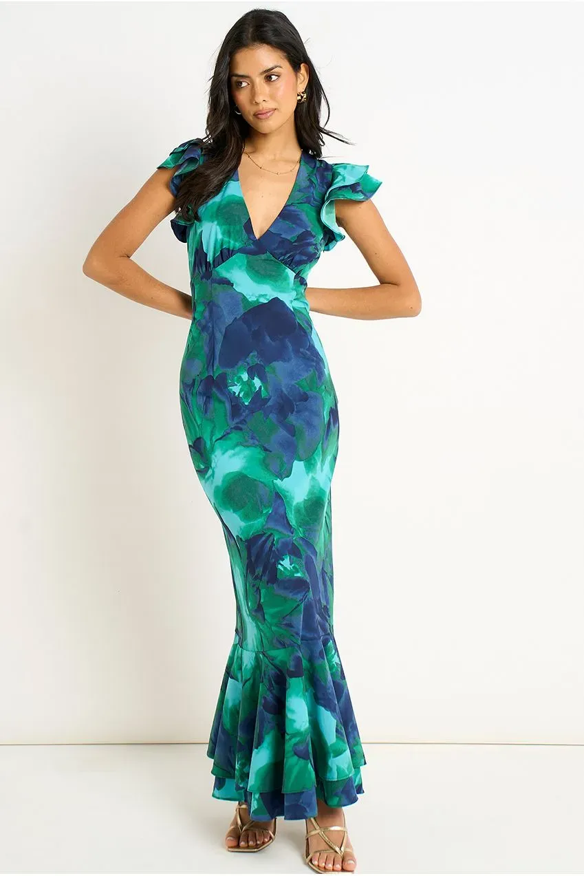 Gini London Watercolour Floral abito maxi verde floreale