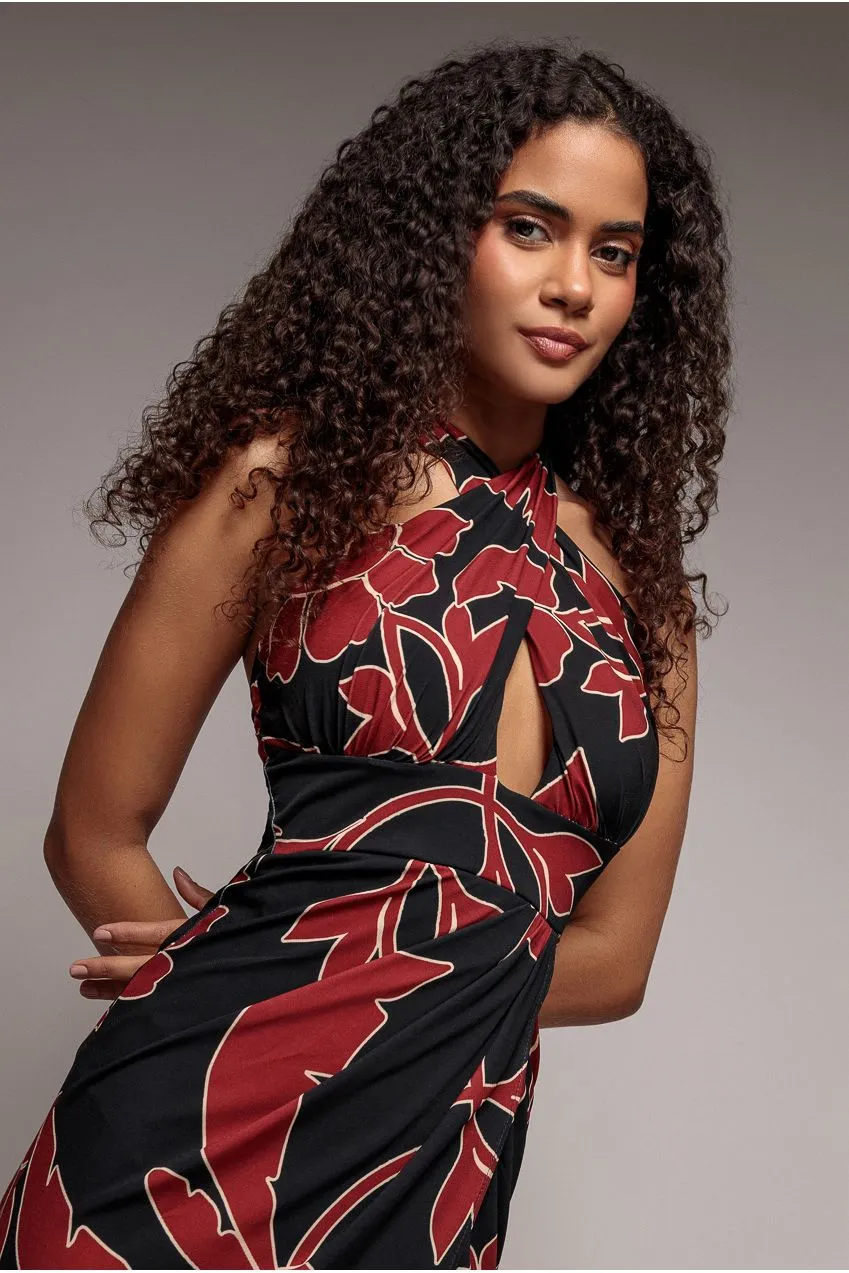 Goddiva Crossover abito maxi stampa nera halter