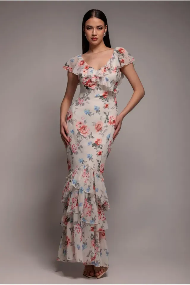 Goddiva DR3750 abito maxi chiffon crema floreale balze