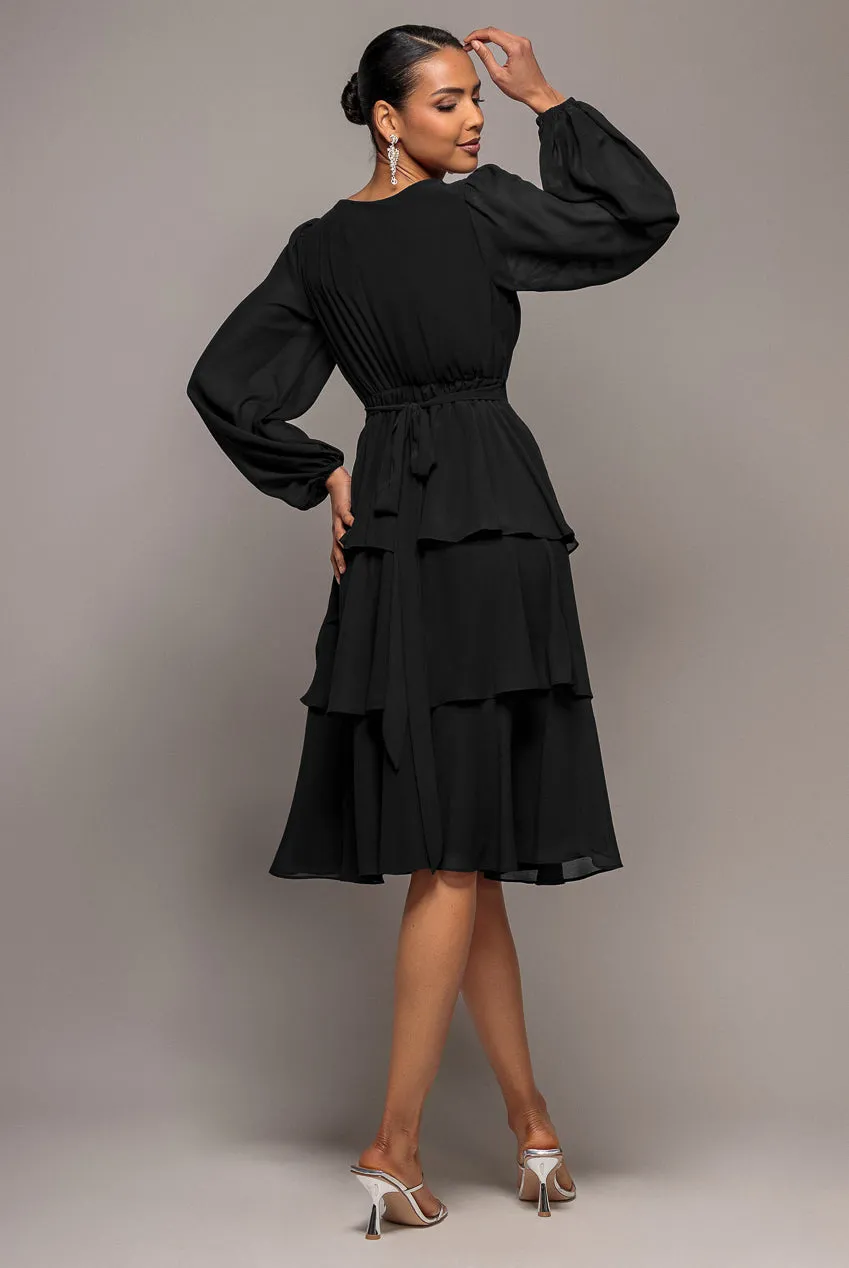Goddiva Tiered Chiffon abito midi nero incrocio