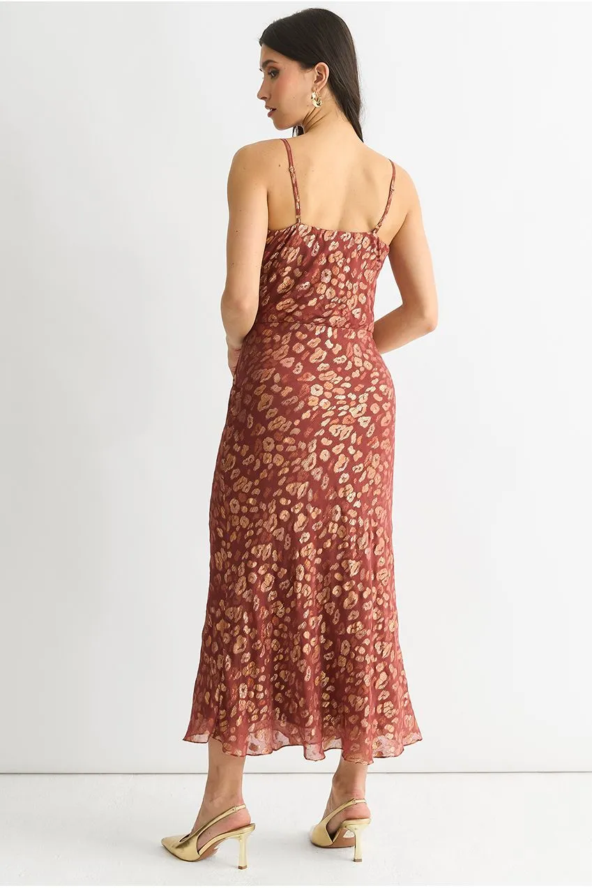 Gini London abito midi marrone scollo scialle animalier