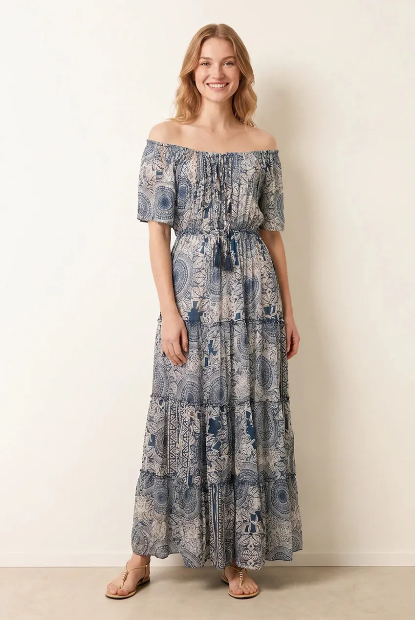 Blue Vanilla Bardot abito maxi navy spalle scoperte