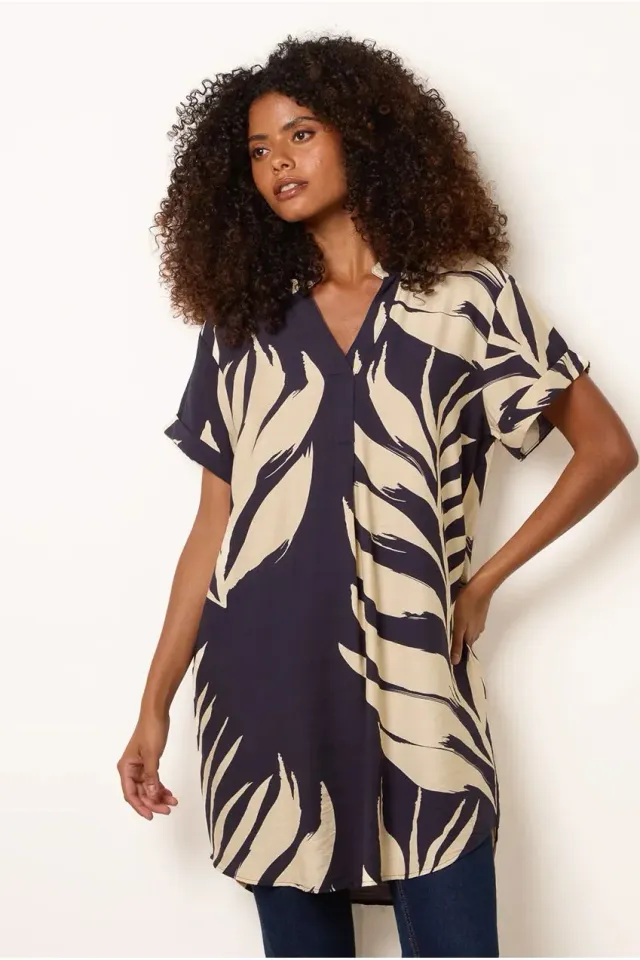Blue Vanilla Palm Print Tunica Blu Navy Maniche Corte viscosa