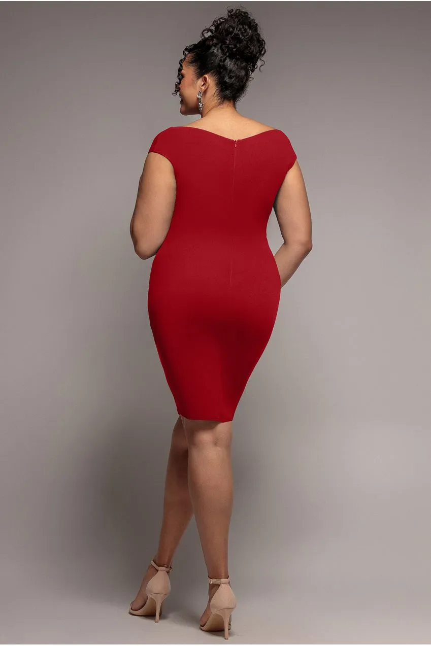 Goddiva Plus Bardot Abito Rosso 20 midi plissettato scuba