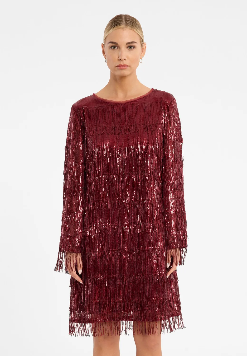 Ana Alcazar Cebora abito paillettes bordeaux corto
