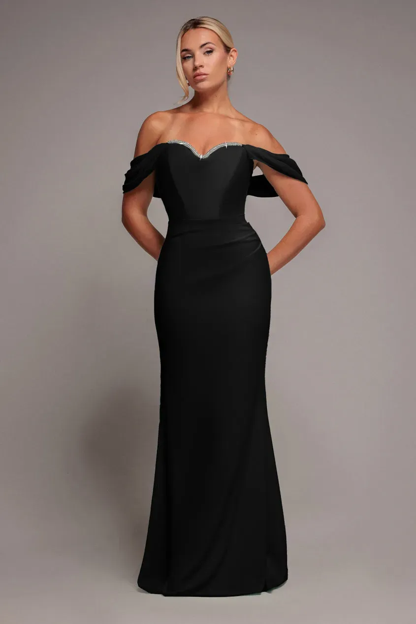 Goddiva Draped Sleeve abito maxi nero chiffon