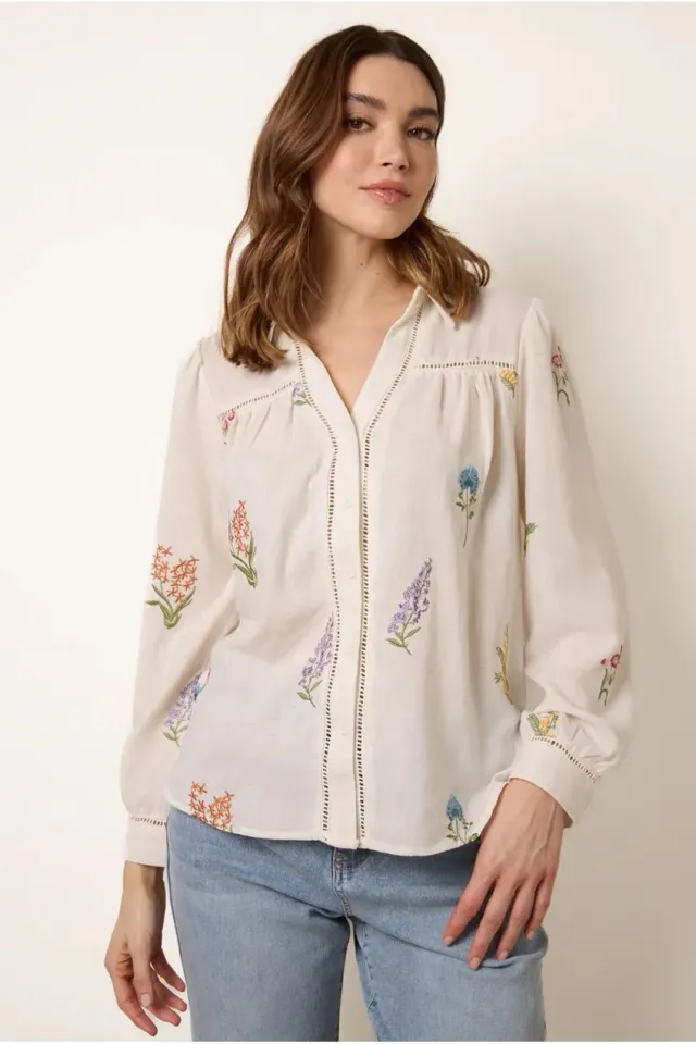 Blue Vanilla camicia ricamata beige manica lunga