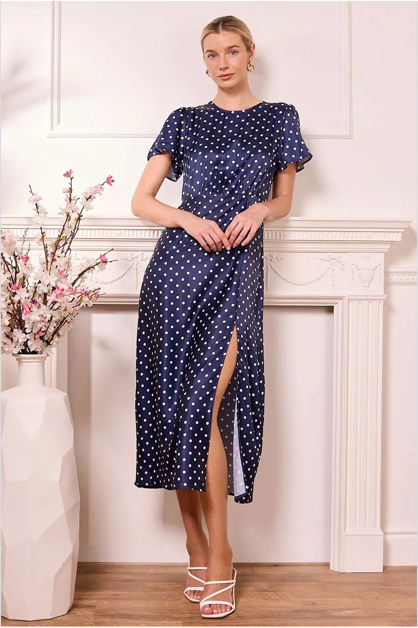 Angeleye abito midi satin blu pois scollatura elegante
