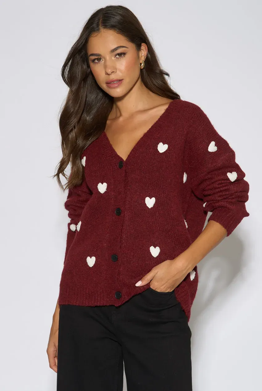 Gini London Mulberry cardigan corto berry cuori knit