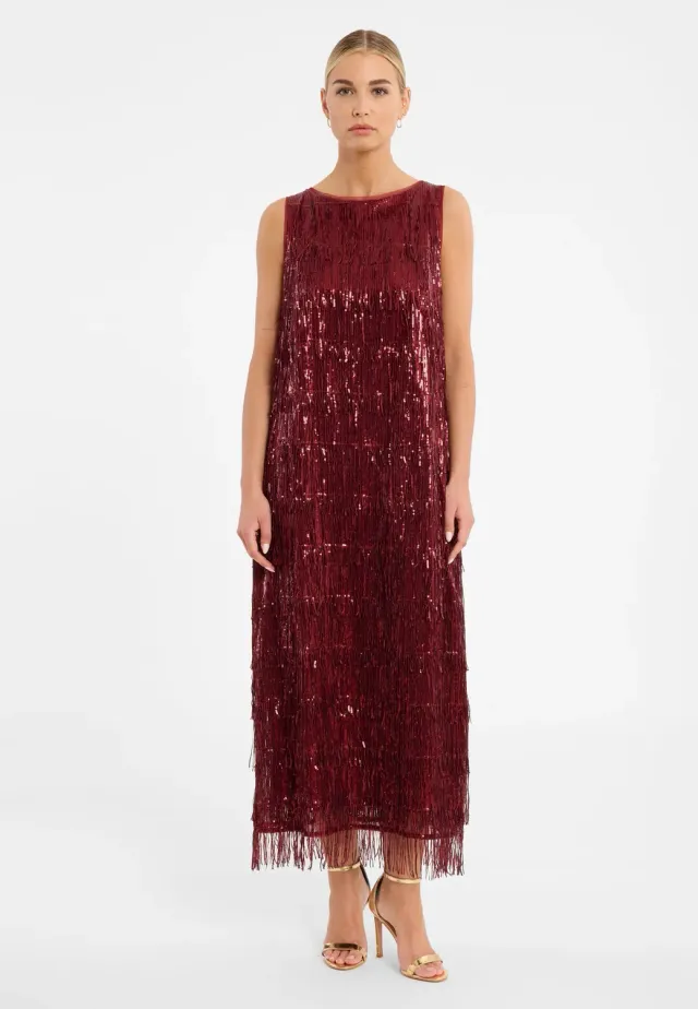 Ana Alcazar Cebi abito paillettes bordeaux frange