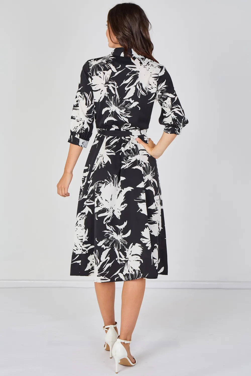 Love Sunshine Floral Midi abito camicia nero fantasia cintura