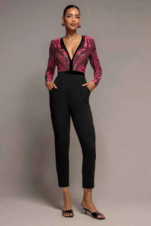 Goddiva Deep V Neck tuta cerise paillettes maniche lunghe