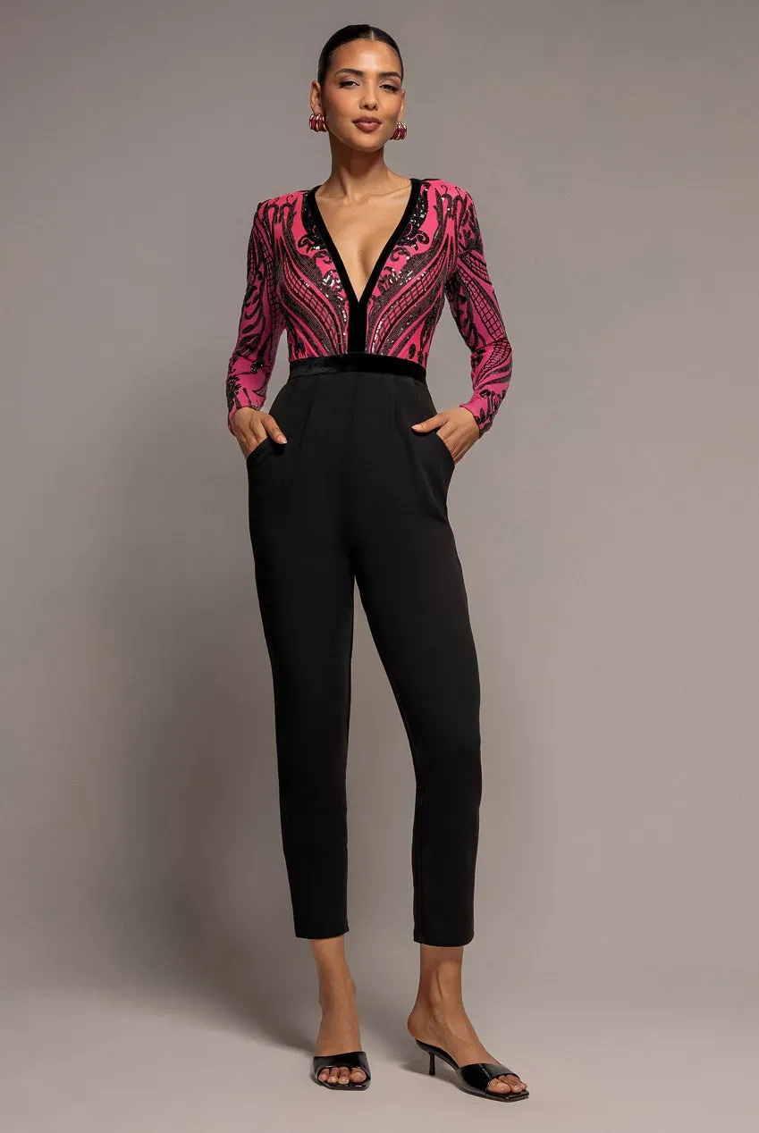 Goddiva Deep V Neck tuta cerise paillettes maniche lunghe