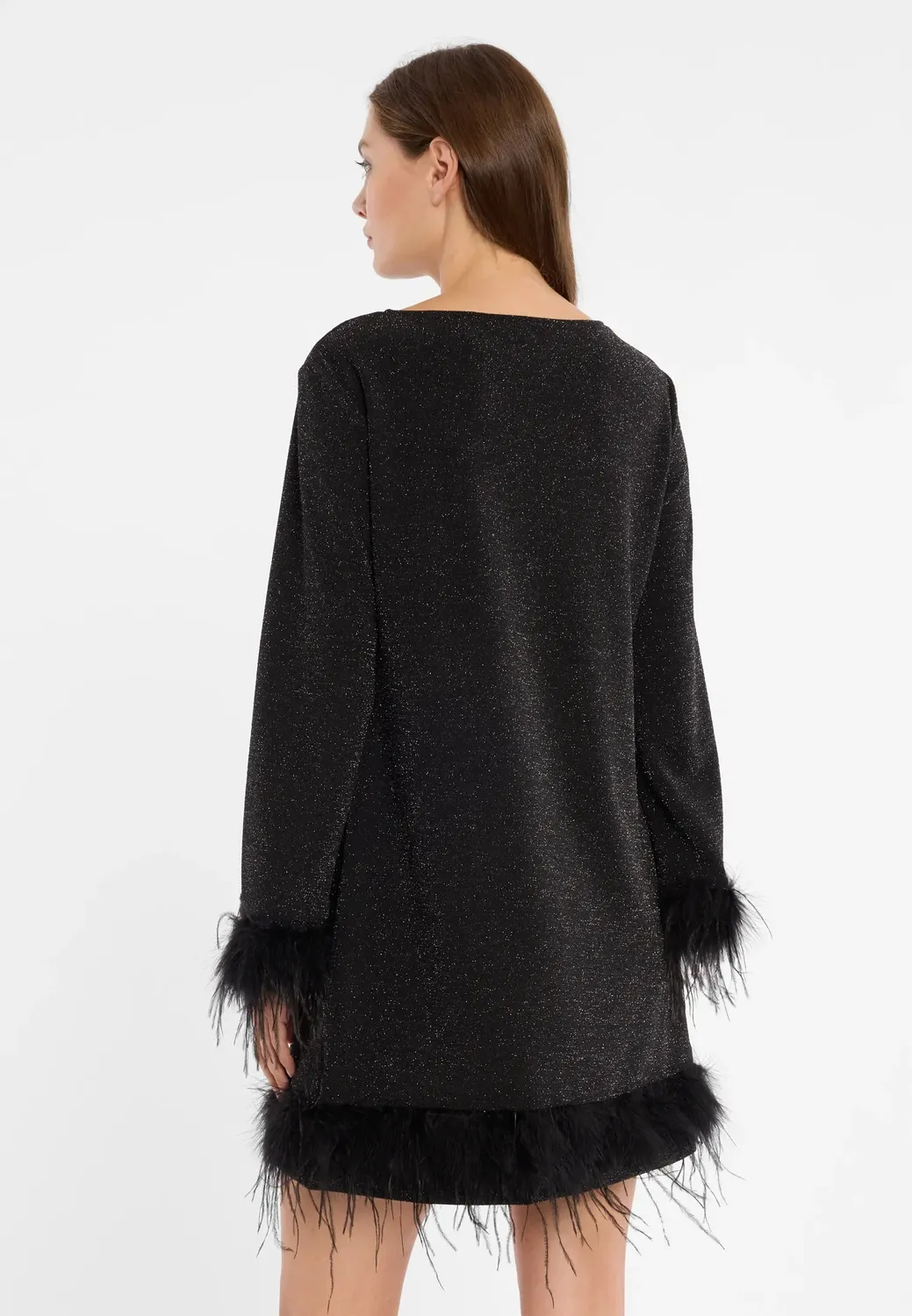 Ana Alcazar Cila abito cocktail nero lurex con piume
