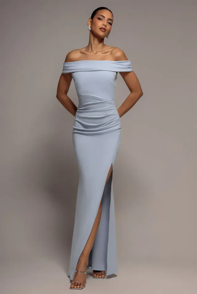 Goddiva Off Shoulder abito lungo azzurro con spacco scuba