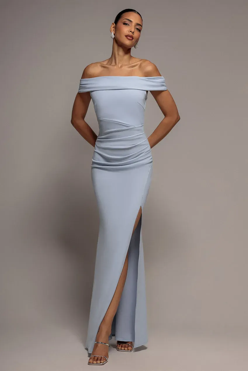 Goddiva Off Shoulder abito lungo azzurro con spacco scuba