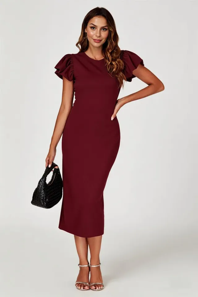 FS Collection abito midi bodycon bordeaux manica volant