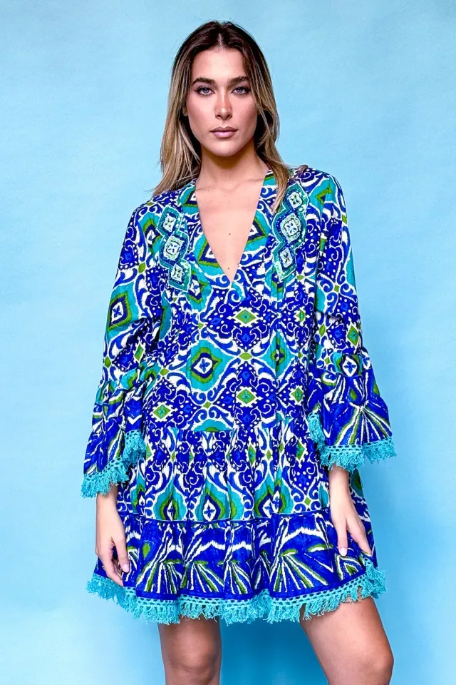 Antica Sartoria DV1074B abito corto scollo a V blu cotone