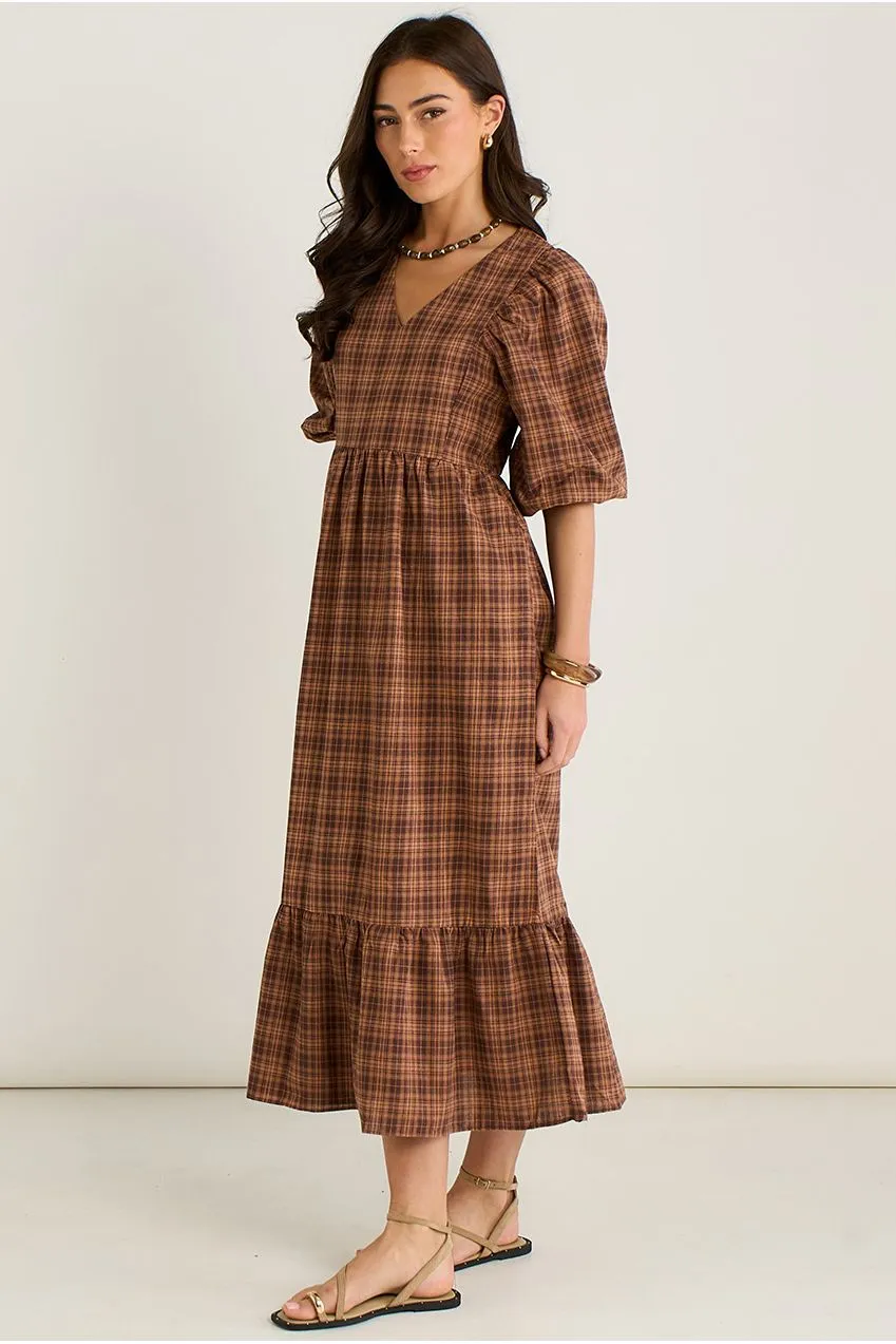 Gini London Puff Sleeves abito midi marrone cotone