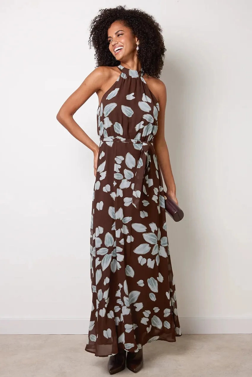 Blue Vanilla High Neck abito maxi cioccolato cintura