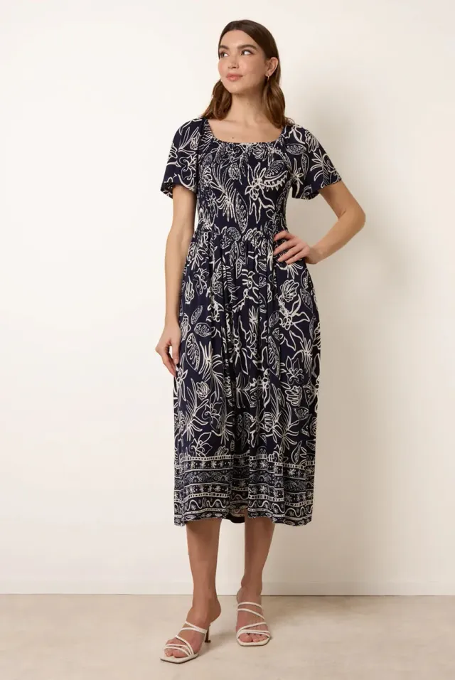 Blue Vanilla Shirred abito midi blu stampa tropicale S-L