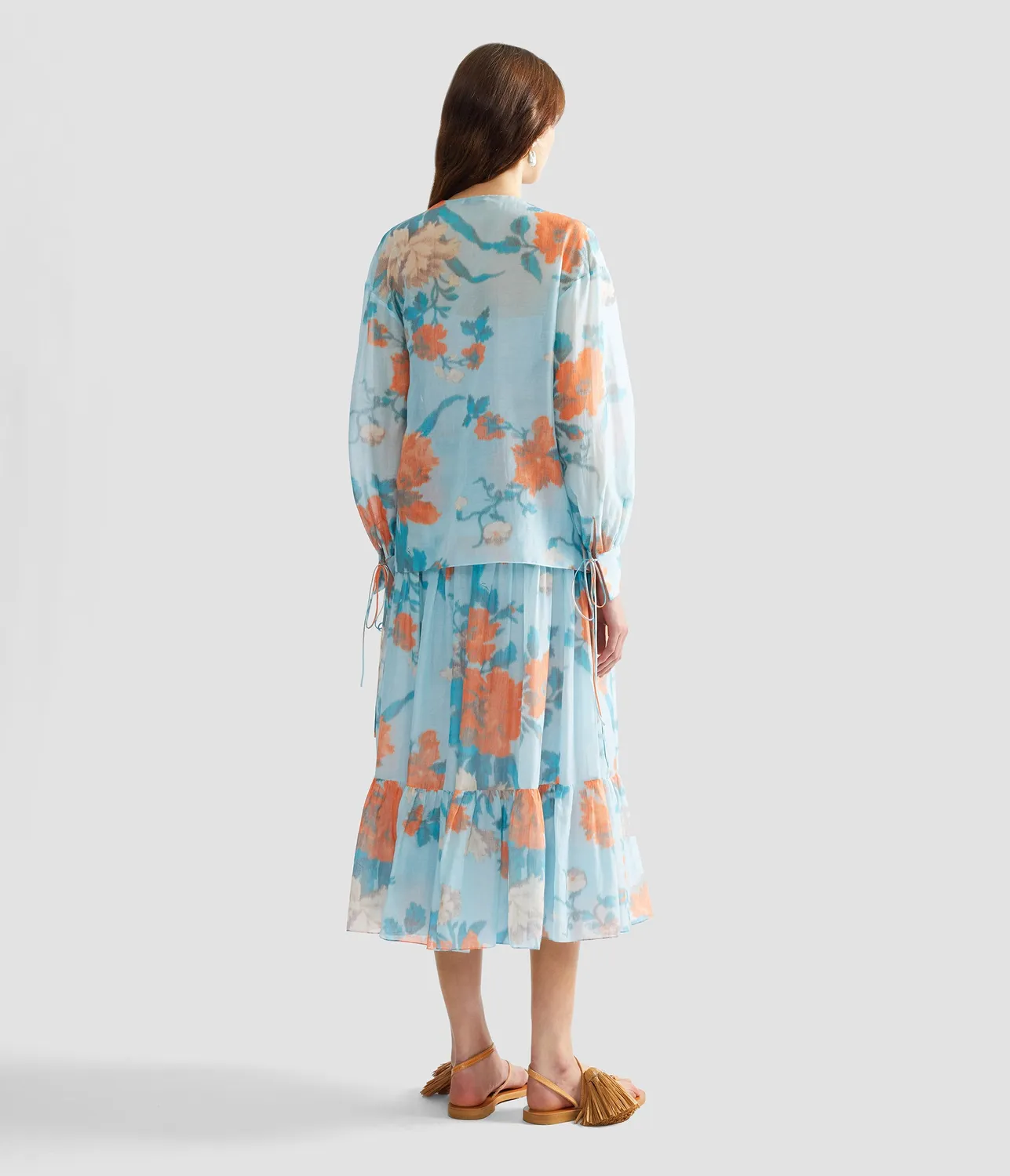Erdem Gonna Midi Floreale Voile Cotone Seta Blu