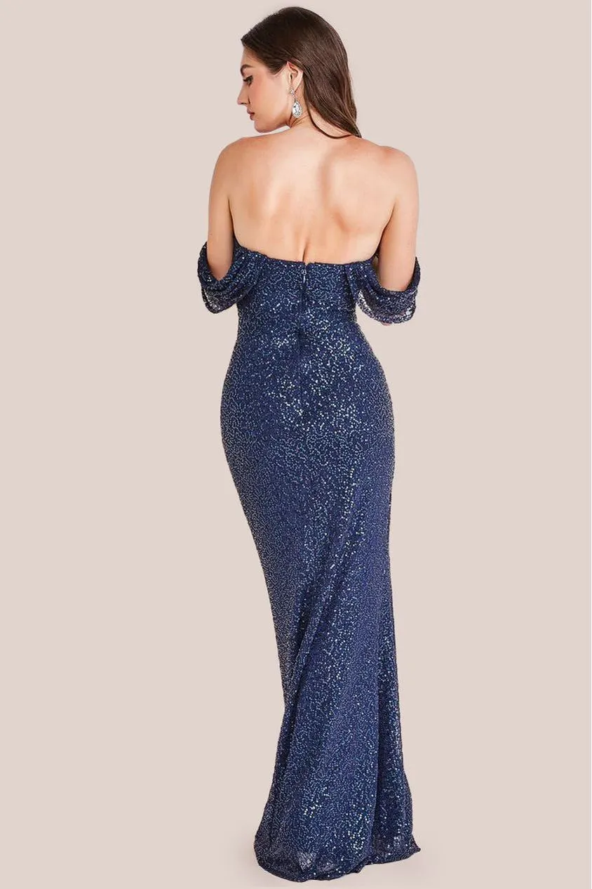Goddiva Sequin Wing abito maxi navy paillettes sirena