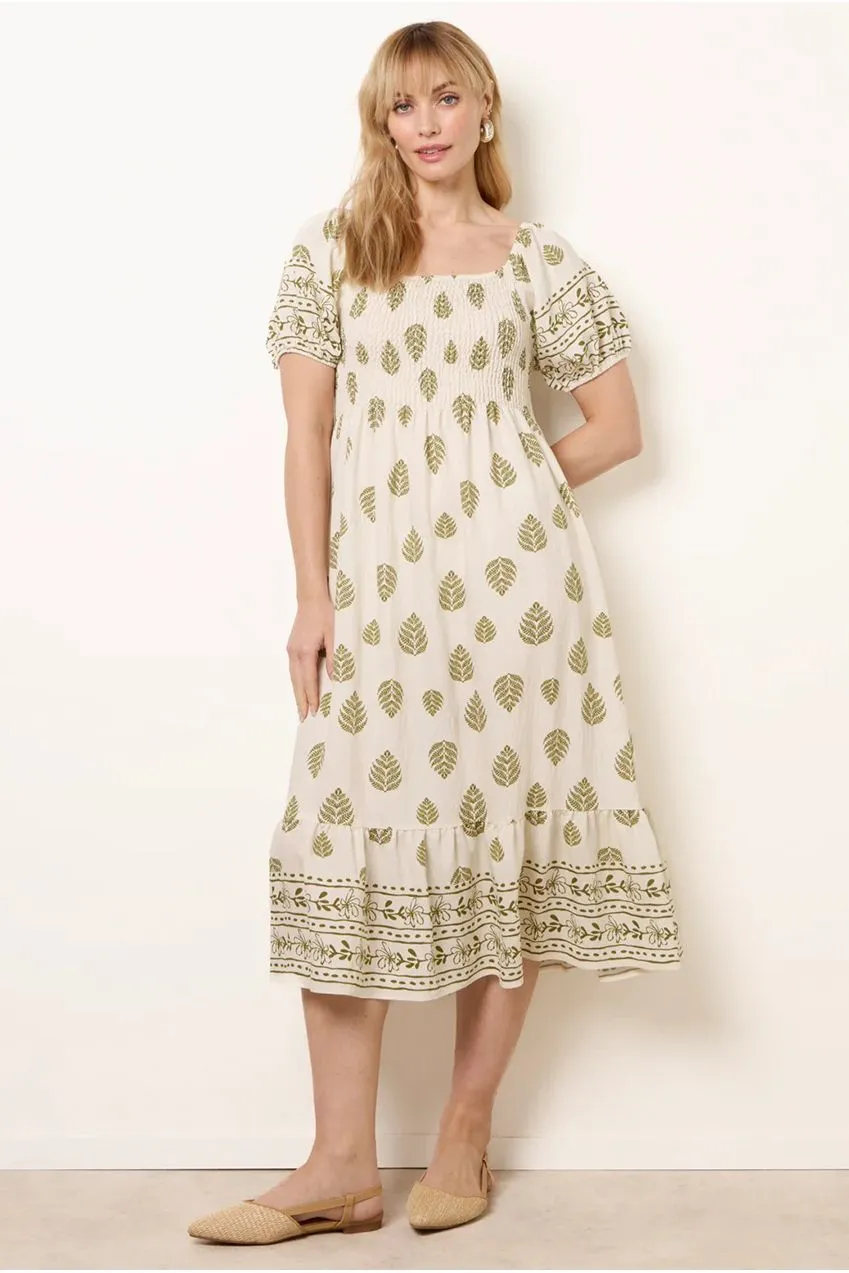 Blue Vanilla Abito Midi Verde Square Neck Shirred S