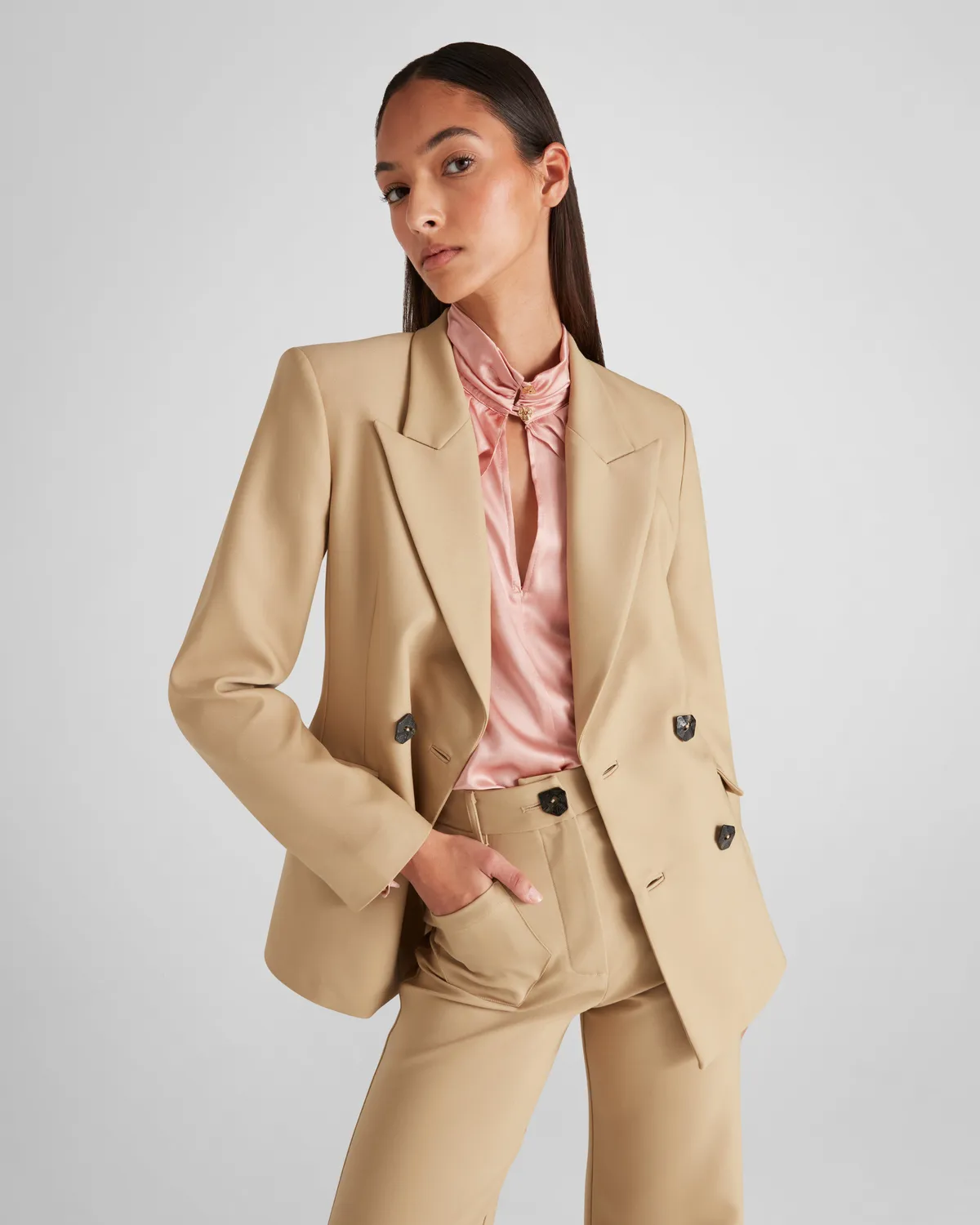 Violante Nessi Sir blazer beige crêpe lana doppiopetto