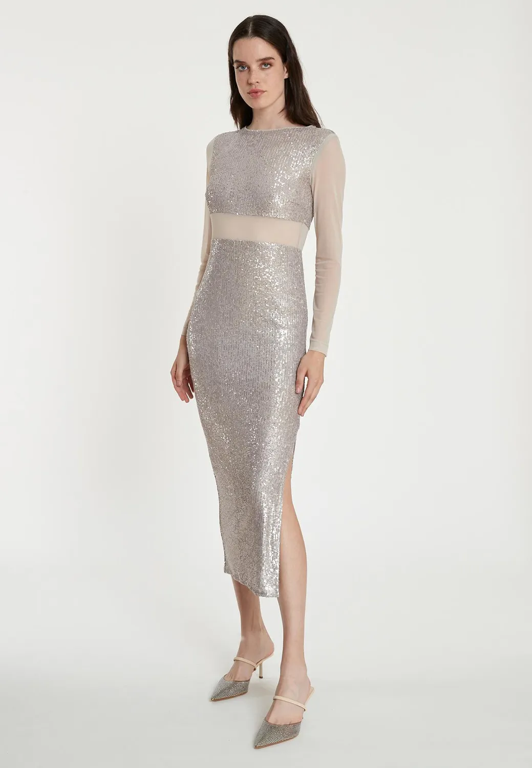 Ana Alcazar Tafia abito midi paillettes argento